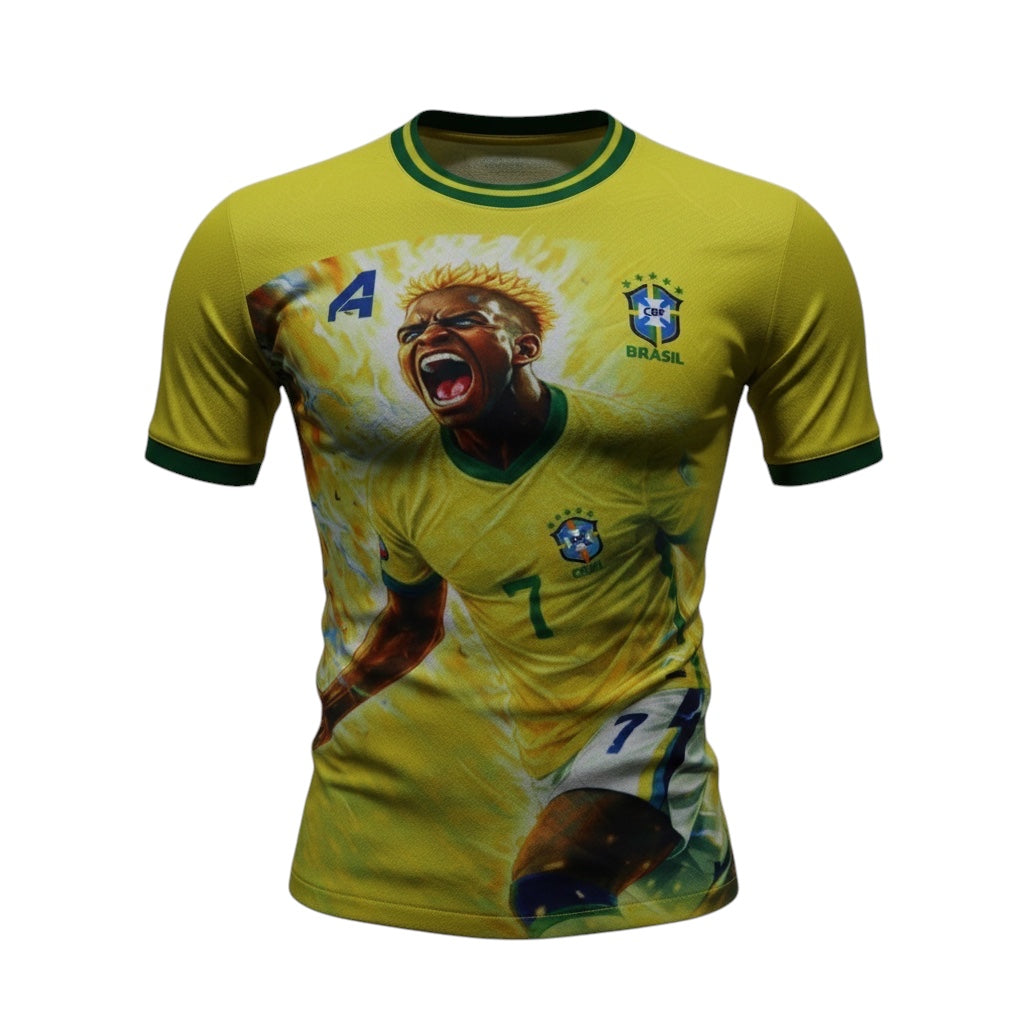 A4 Athletics Brazil National Team soccer jersey in yellow with a graphic of a player. Green trim on collar and sleeves.