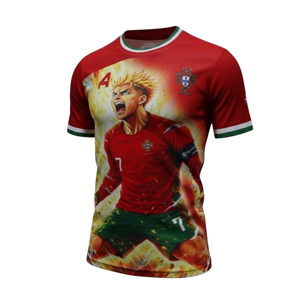 A4 Athletics red soccer jersey with graphic of player, green shorts, and Portuguese crest. Lightweight fabric.
