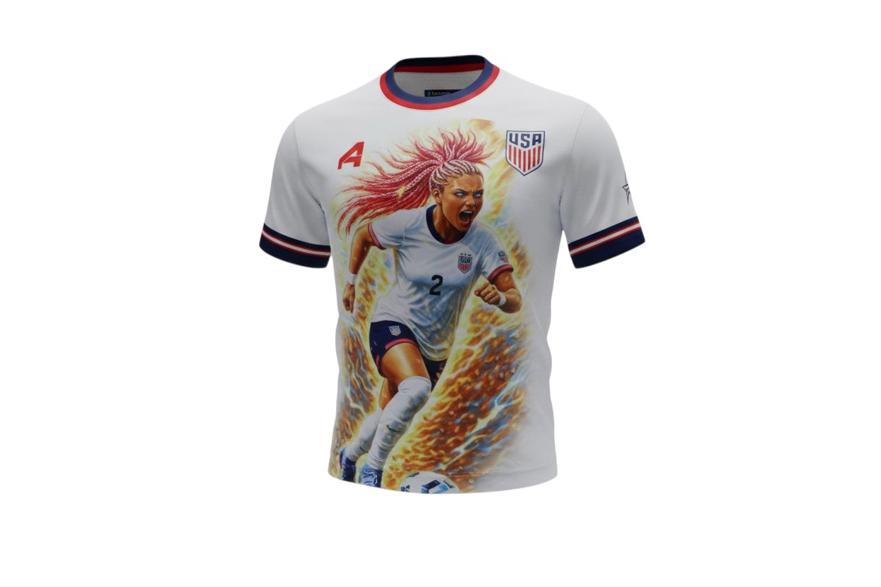 A4 Athletics white t-shirt with a graphic of a female soccer player in action, wearing a USA uniform, with fiery energy effects.