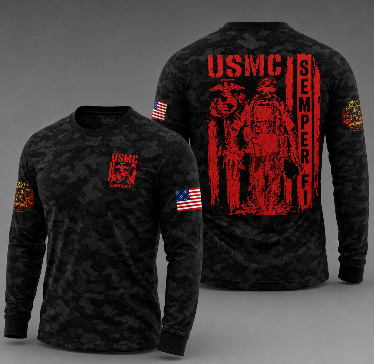 Patriotic US Marine Corps 251st Birthday Performance Long Sleeve Tee