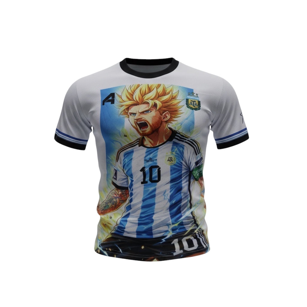 A4 Athletics anime-inspired soccer jersey with blue and white stripes, featuring a graphic of a blonde-haired character in a dynamic pose.