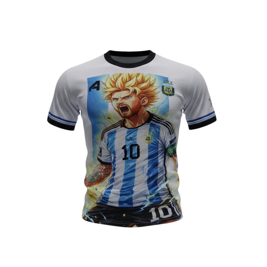 A4 Athletics anime-inspired soccer jersey with blue and white stripes, featuring a graphic of a blonde-haired character in a dynamic pose.