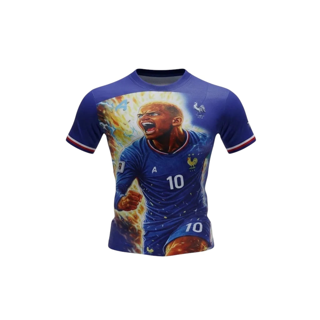 A4 Athletics blue soccer jersey with graphic of player celebrating, crew neck, short sleeves, breathable fabric.