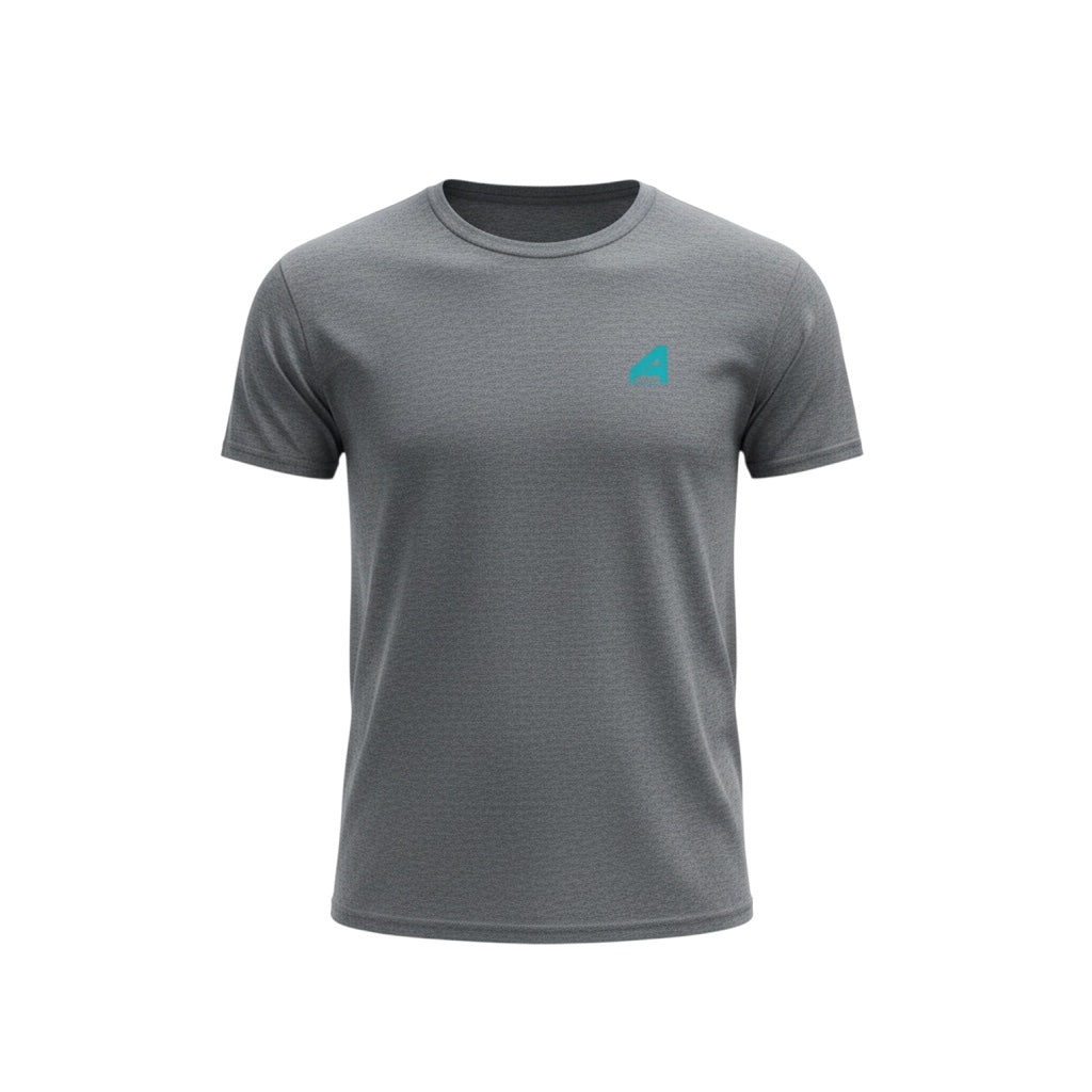 A4 Athletics heather grey cotton t-shirt with a teal A logo on the left chest. Short sleeves and crew neck.