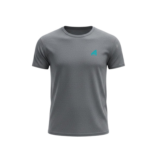 A4 Athletics heather grey cotton t-shirt with a teal A logo on the left chest. Short sleeves and crew neck.