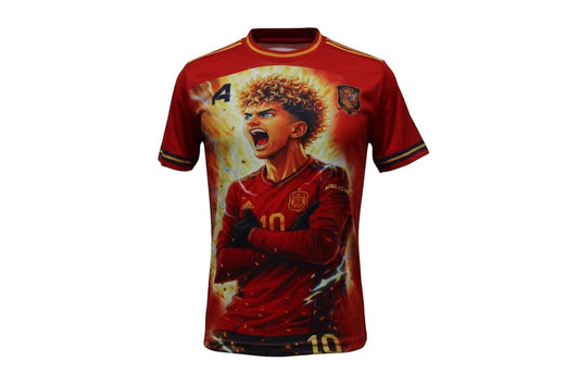 A4 Athletics red soccer graphic t-shirt with anime-style player illustration, lightning effects, and team crest.
